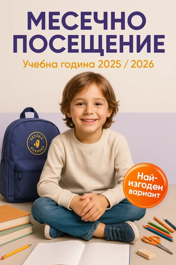 Усмихнато дете с чанта по време на месечно посещение в учебна занималня „Детска Вселена“ Варна 2025/2026.